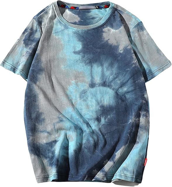 OULIWANGLUO Men's Round Neck Loose Tie-Dyed T-Shirt Retro Moisture-Absorbing Cotton Top Camouflage Breathable Short Sleeve