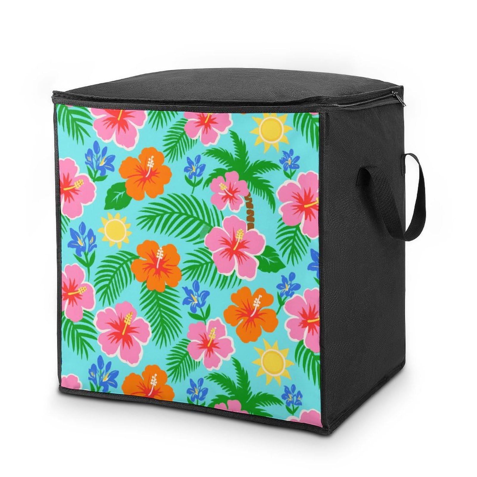 Tropical Flower Print Storage Bag with Zippers And Handle Extra Large Bedding Comforter Storage Bag Foldable Blanket Storage Bags Fabric Moving Bags for Closet Organizer (70L)