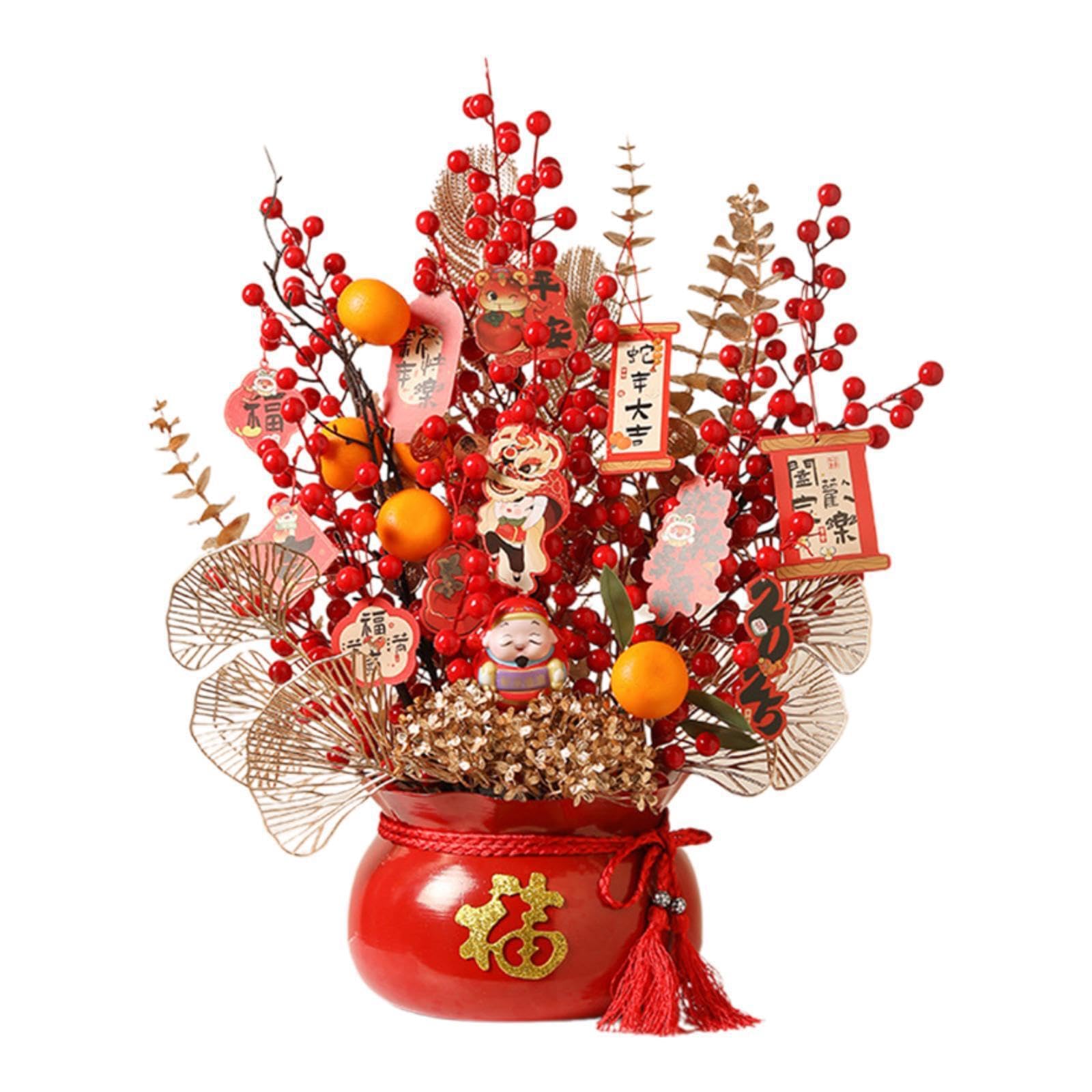 ALCXAZS Charming Feng Shui Ornament Bonsai With Artificial Red Berries Captivating Tabletop Decoration For 2025 Chinese New Year Feng Shui Ornament Bonsai, Red Pot, 50x60cm