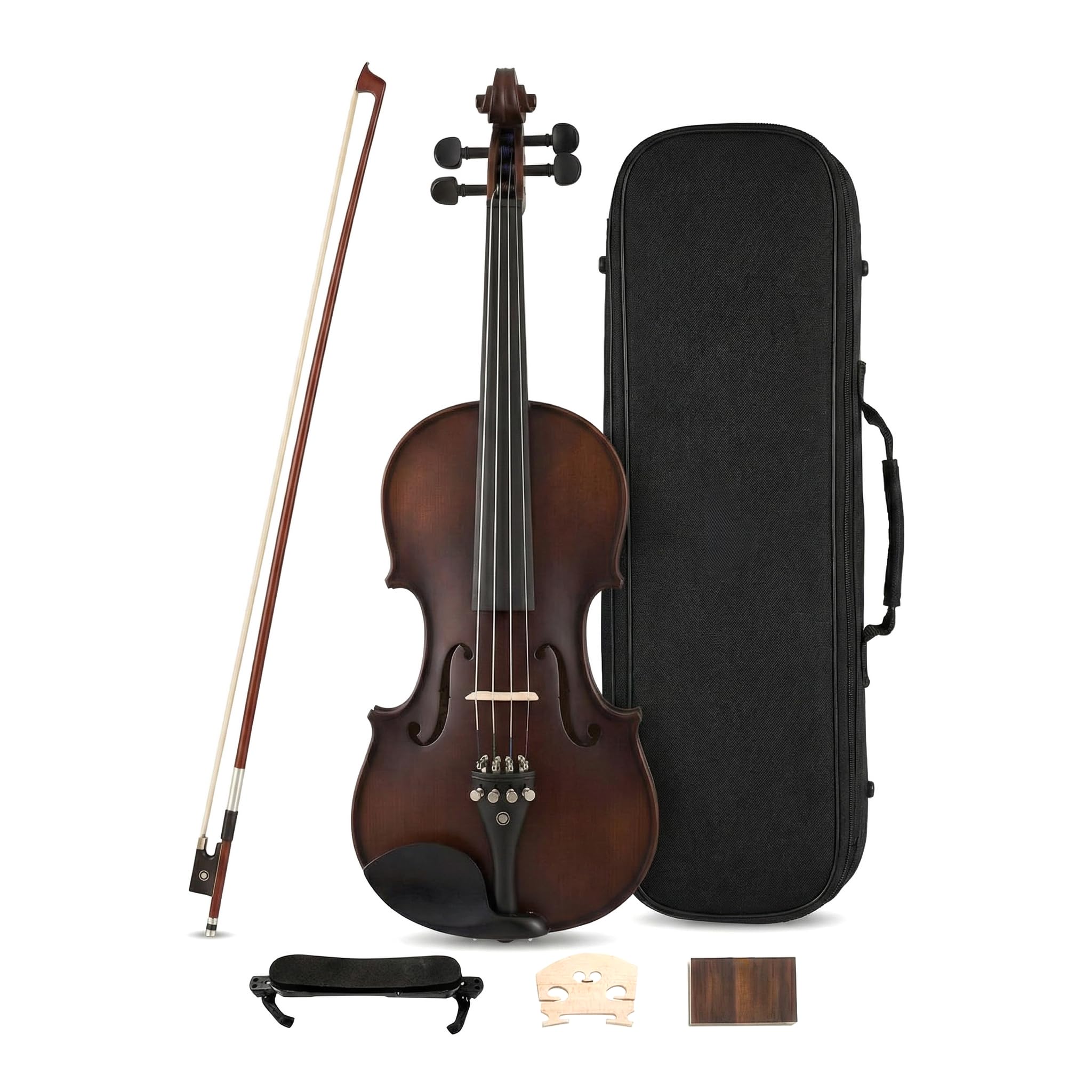 Violine 4/4, Handgefertigt aus Massiv-Fichten- & Ahornholz mit Ebenholz-Griffbrett - Komplettset mit Hartschalenkoffer, Bogen & Zubehör für Anfänger und Fortgeschrittene