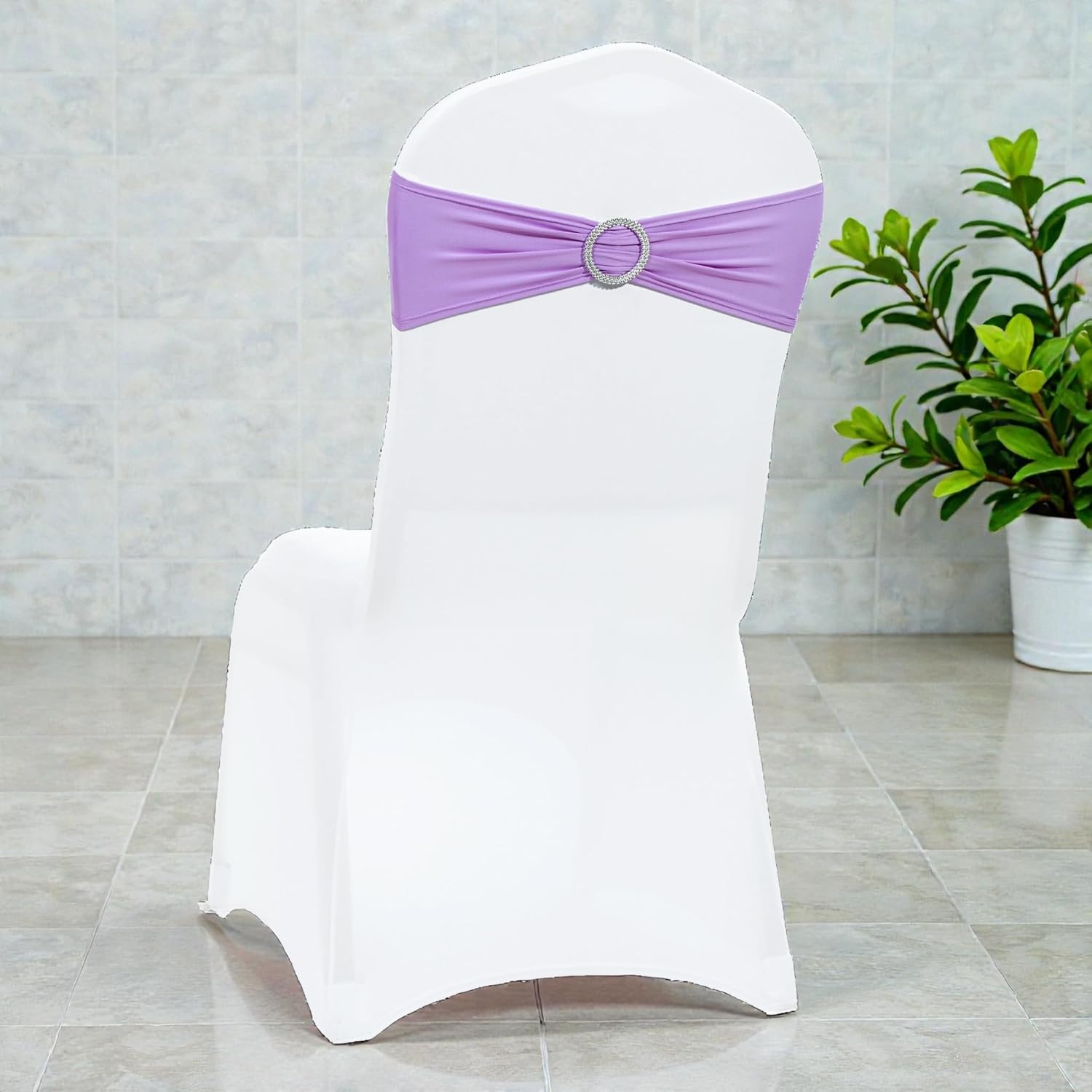 VDS - Lavender | Spandex Chair Sashes Bows | 100 PCS | Stretch Elastic Banquet Universal Folding Chair Band Tie with Silver Buckle Slider for Wedding Party Conference Celebration Event Decoration