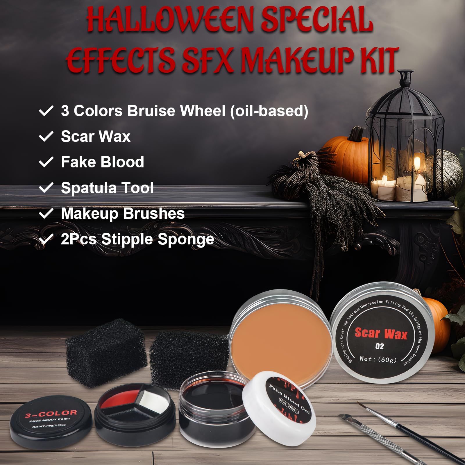 Kit de maquillaje SFX de 7 piezas de efectos especiales de Halloween, el kit de maquillaje SFX incluye 3 colores de payaso, pintura corporal y cara, cera de cicatriz, sangre falsa, espátula, cepillo 4