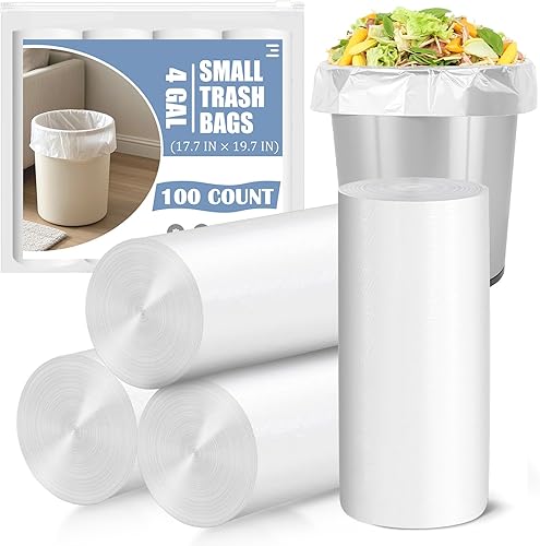 Small Trash Bags 4 Gallon - 100 Count 4 Gallon Trash Bag, Unscented Small Garbage Bags Bathroom Trash Bags, White 4 Gal Trash Can Liners