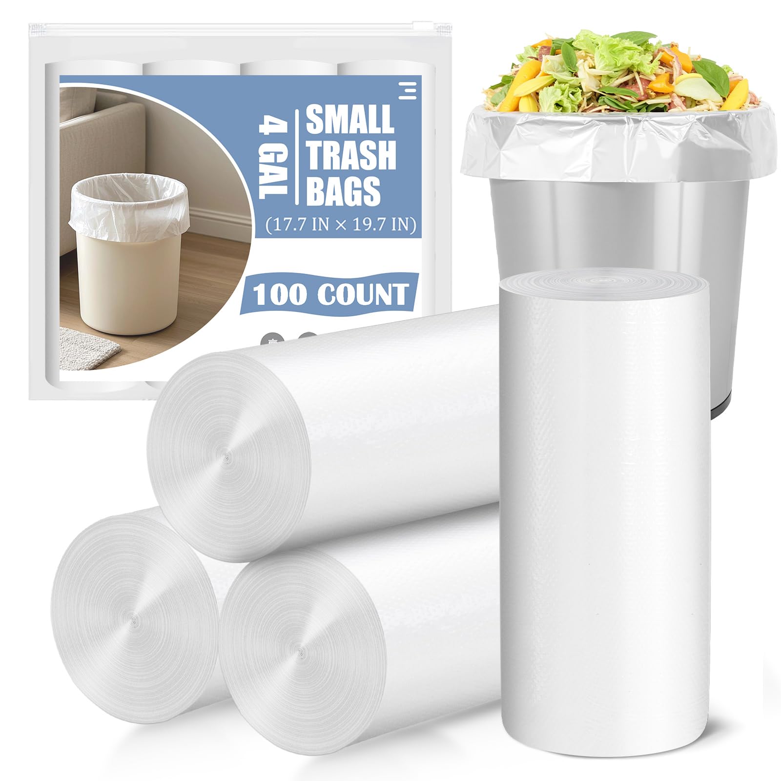 Small Trash Bags 4 Gallon - 100 Count 4 Gallon Trash Bag, Unscented Small Garbage Bags Bathroom Trash Bags, White 4 Gal Trash Can Liners