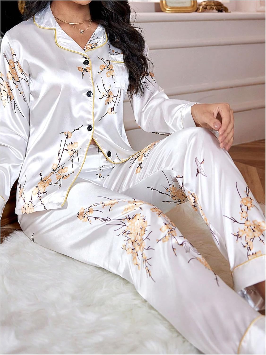 WDIRARA Women's Floral Print 2 Piece Satin Pajama Sets Long Sleeve Button Down Pants Pjs Sleepwear - Image 5