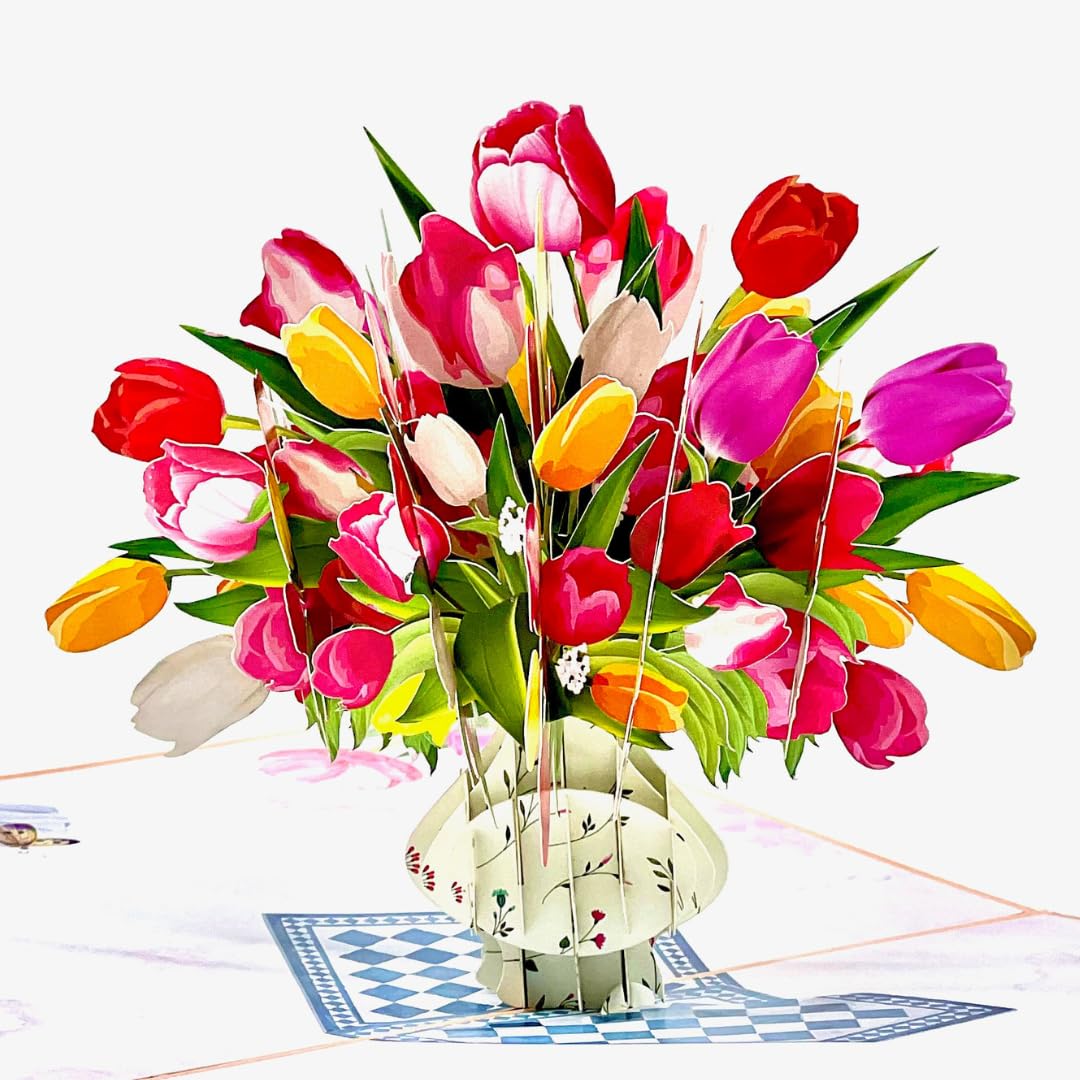 Three Dee Cards Vibrant Tulip Vase Pop-Up Card, The Perfect 3D Floral Gift for Mother's Day, Birthdays, Anniversaries