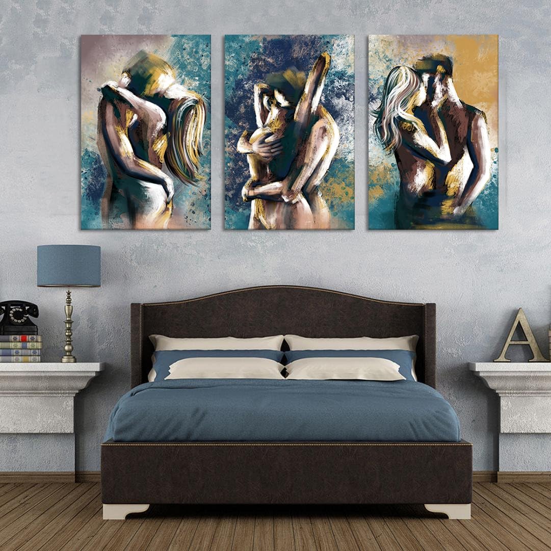 Yatsen Bridge Sexy Canvas Wall Art Retro Couple Erotic Painting Prints on Canvas Vintage Nude Artwork Home Decor for Bedroom Bathroom Garage Decoration Framed Ready to Hang 24x36inchx3Pcs