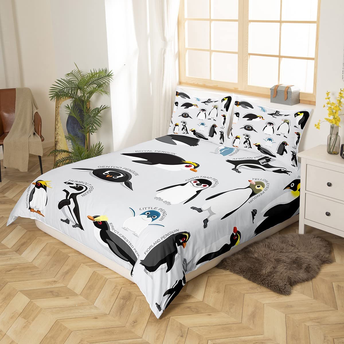 Erosebridal Penguin Comforter Cover Full Size,Black White Penguins Bedding Set Cute Animal Duvet Cover for Kids Boys Girls Teens,Wildlife Grey Bedspread Cover with 2 Pillow Cases Bedroom Decor
