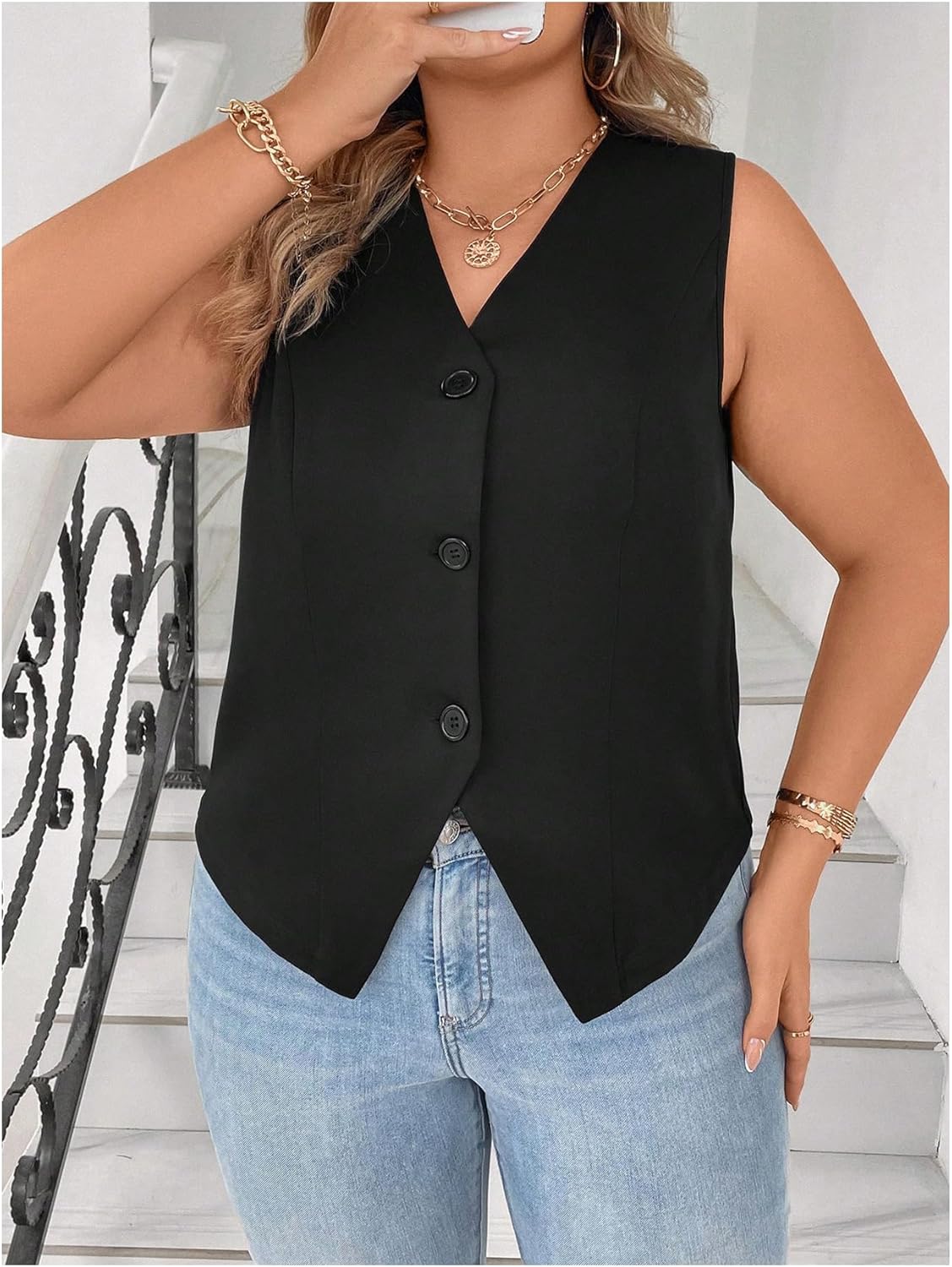 Verdusa Women's Plus Size Button Front Sleeveless Jacket Vest Old Money V Neck Split Blazer Vests - Image 3