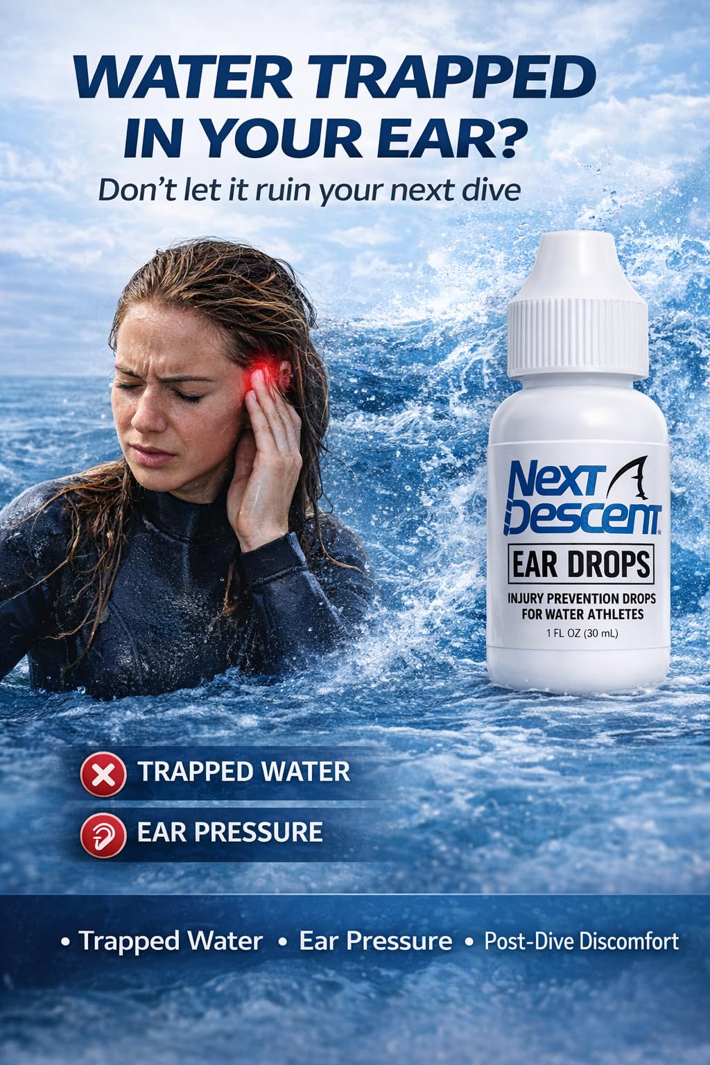 Swimmers Ear Drops for Pool & Ocean Swimming | Next Descent Prevention Drops for Waters Sports, Swimming, Diving and Snorkeling — Amazon image 2