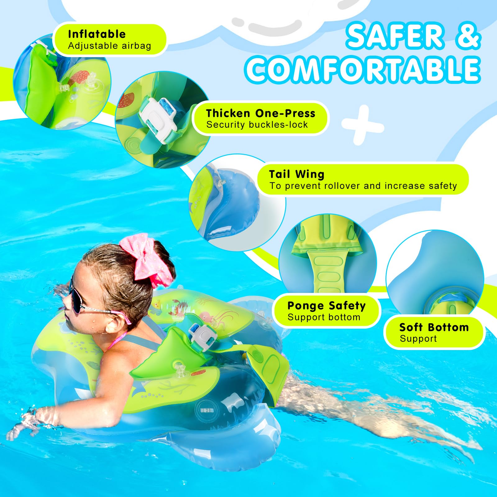 Baby Schwimmring mit abnehmbarem Sonnenschutz und Glöckchen, inklusive 1 x Handpumpe und 2 x Reparaturaufklebern. Kinderfreundliches Design, geeignet für Kleinkinder von 6–36 Monate