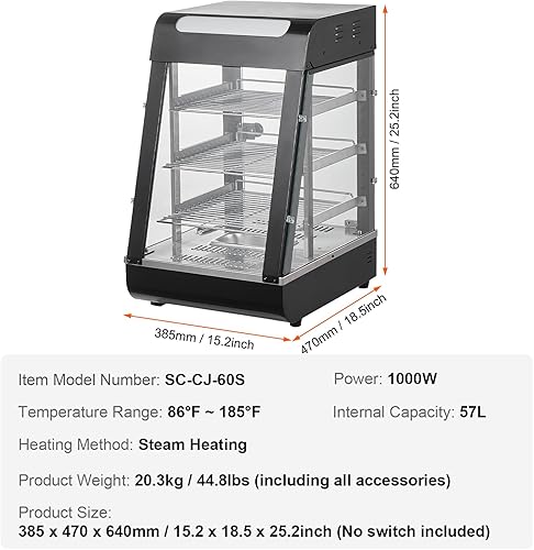 Miniatura 7 de VEVOR calentador comercial de alimentos de 3 niveles, calentador de exhibición de alimentos de 1000 W con luz, estante ajustable y pantalla de