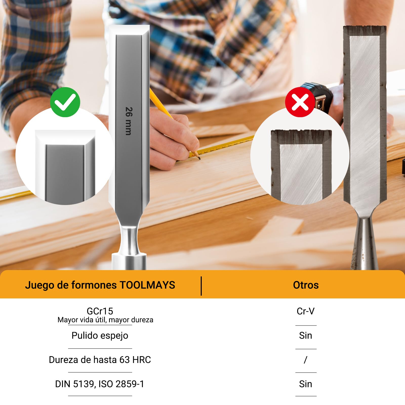 Juego de 6 Cinceles para Madera, Formones para Madera con piedra de afilar, dureza hasta HRC 63