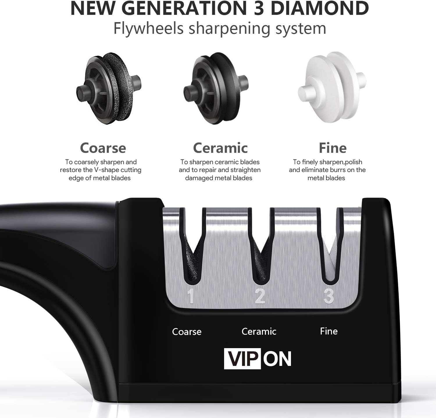 Professional Knife Sharpener- VIPON 3 Stage Diamond Coated Sharpening With Ceramic Rod - Non-slip Base Sharpening Knife Easy To Control -Knife Sharpening