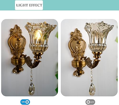 Miniatura 5 de Juego de 2 apliques de pared de cristal, lámpara de pared de latón antiguo, lámpara de pared floral de cristal para entrada, dormitorio, pasillo