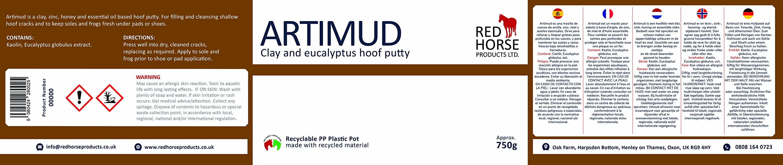 Artimud – Mastic pour sabot de cheval | Traitement du muguet | 750 g | Argile de sabot de cheval à l'eucalyptus | Protection de grenouille équine et de la semelle | Red Horse Products | Boue naturelle