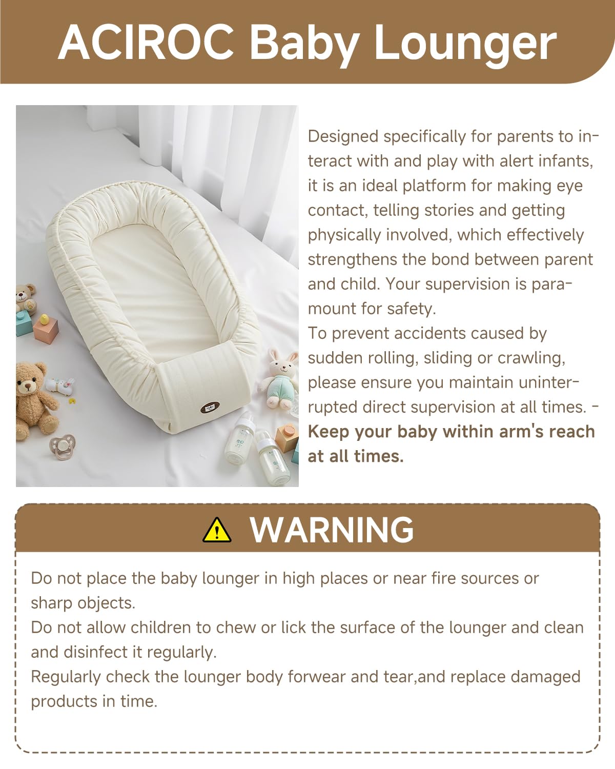 Baby Lounger, Adjustable Baby Lounger for Newborn 0-24 Months, Breathable & Soft Infant Lounger,Tummy Time Lounger for Home and Travel,Baby Girls & Boys Babies Stuff, Baby Shower Gifts, Beige