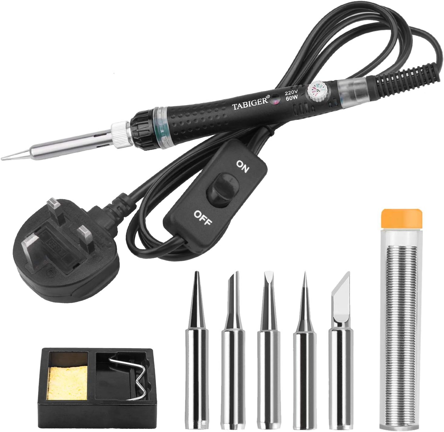 Tabiger 60W Soldering Iron Kit, Adjustable Temperature 220-450°C, 9 in 1, Gun Style, Corded Electric, Silicone Handle, Includes 5 Tips, Solder Wire, Stand & Sponge, 55in Cable, Red LED Indicator