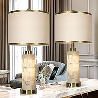 27" Alabaster Table Lamps Set of 2 with Night Light, USB A+C Ports, Linen Shade - Modern Bedside Lamps for Bedroom Living Room (Bulbs Included)