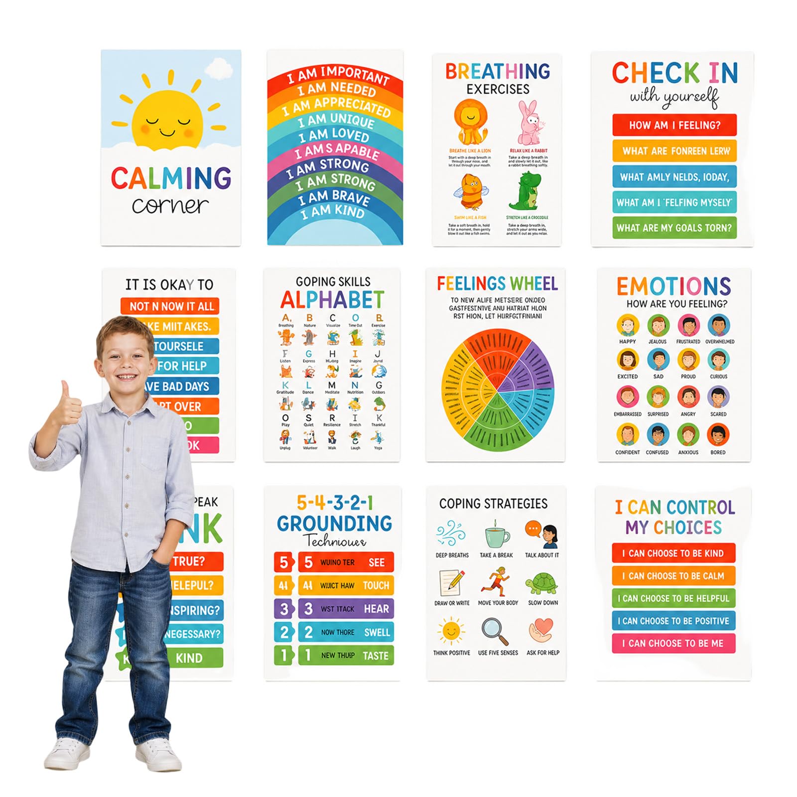 Szzhantuo 12Pcs Calming Corner Posters, Kids Emotional Regulation Chart
