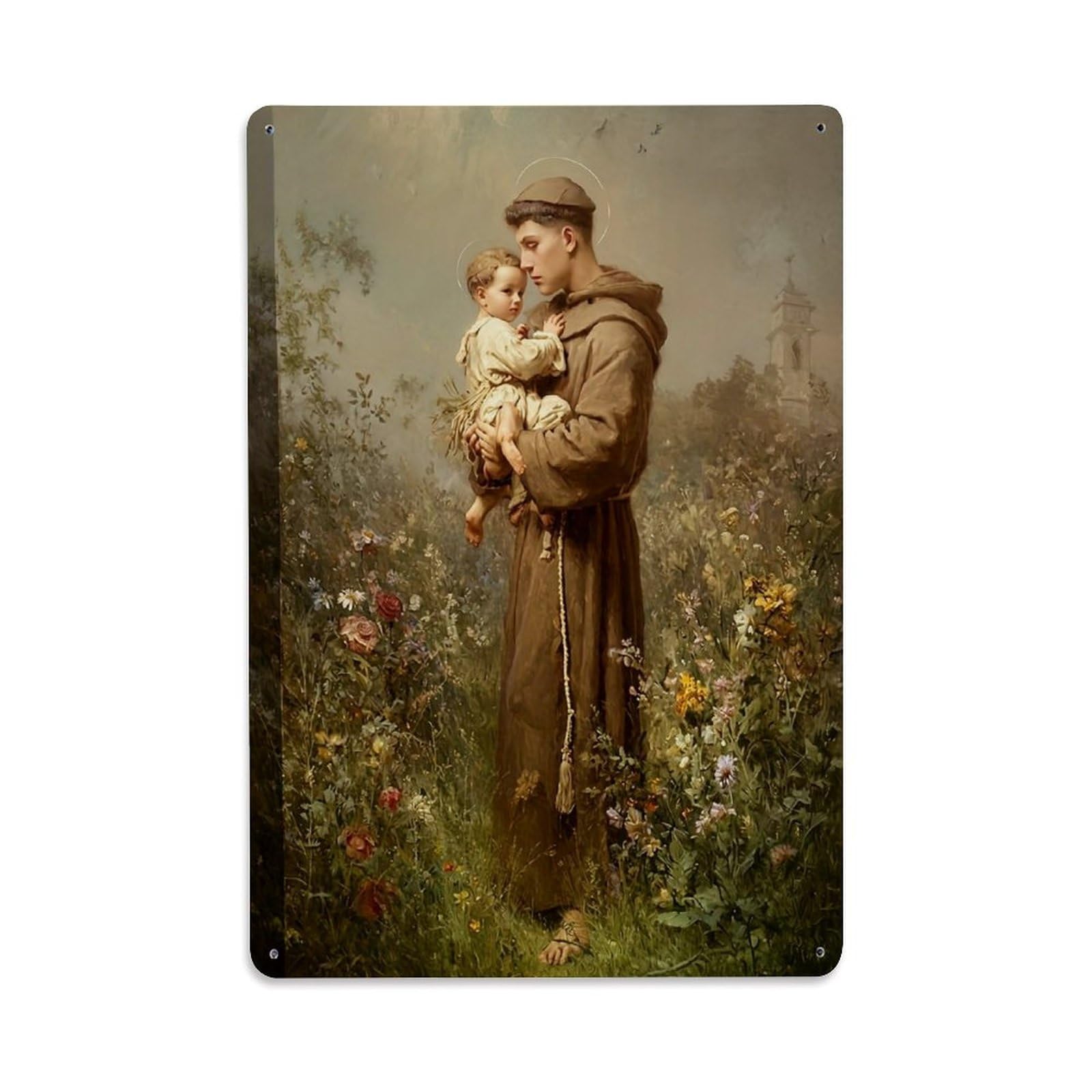 Jdfenggu Vintage Saint Holding Child In Garden Retro Metal Tin Sign, Metal Poster For Bar, Home, Man Cave, Kitchen, Laundry Room Art Decor 8X12 Inch