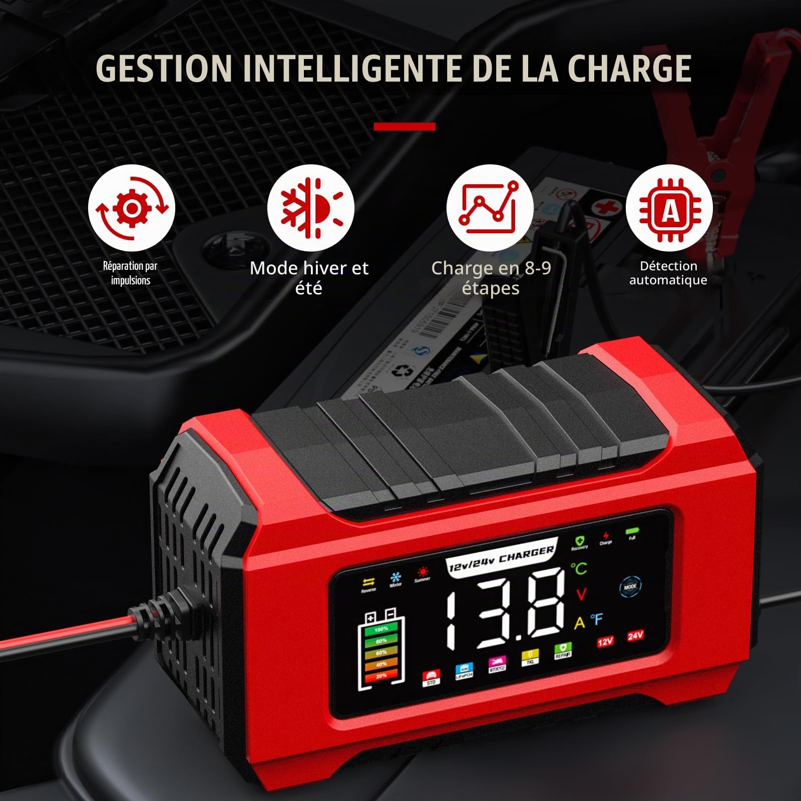 15A Chargeur Batterie Voiture, 12V/24V Chargeur avec Mémoire Intelligente