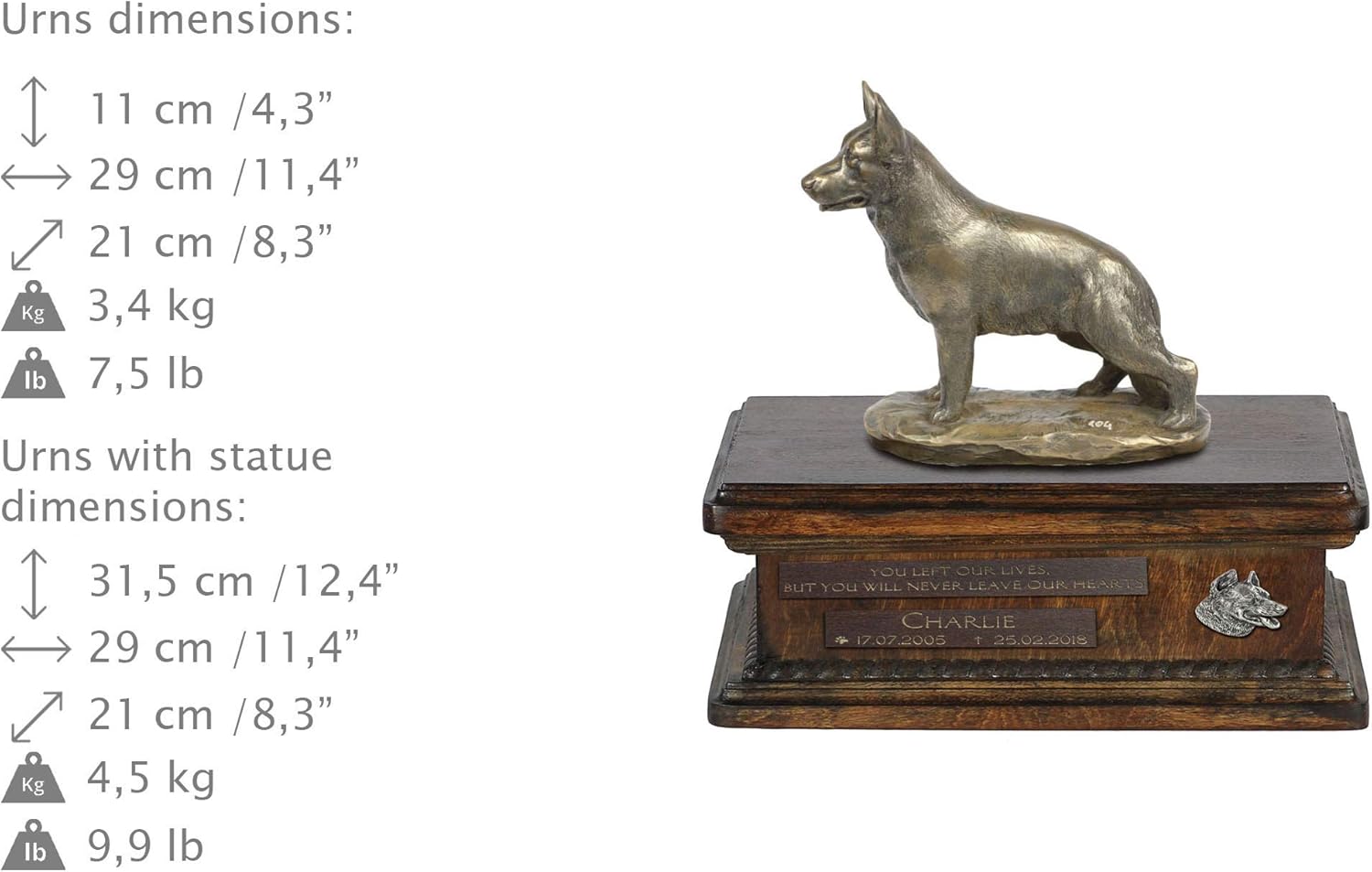Art-Dog Custom Dog Sitting Statue Memorial Urn - Handmade Cold Cast Bronze on Birch Base – Sturdy and Stylish Urn for Dog’s Ashes – 8.3x11.4x8.7 – 5l – German Shepherd Dog