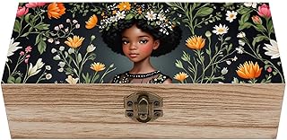 HSZHSZ African American Black Girl Wooden Storage Box with Hinged Lid 7.9"x3.9"x2.3",Natural Jewelry Box,Vintage Lock Decorative Organizer for Crafts Art Home Gifts