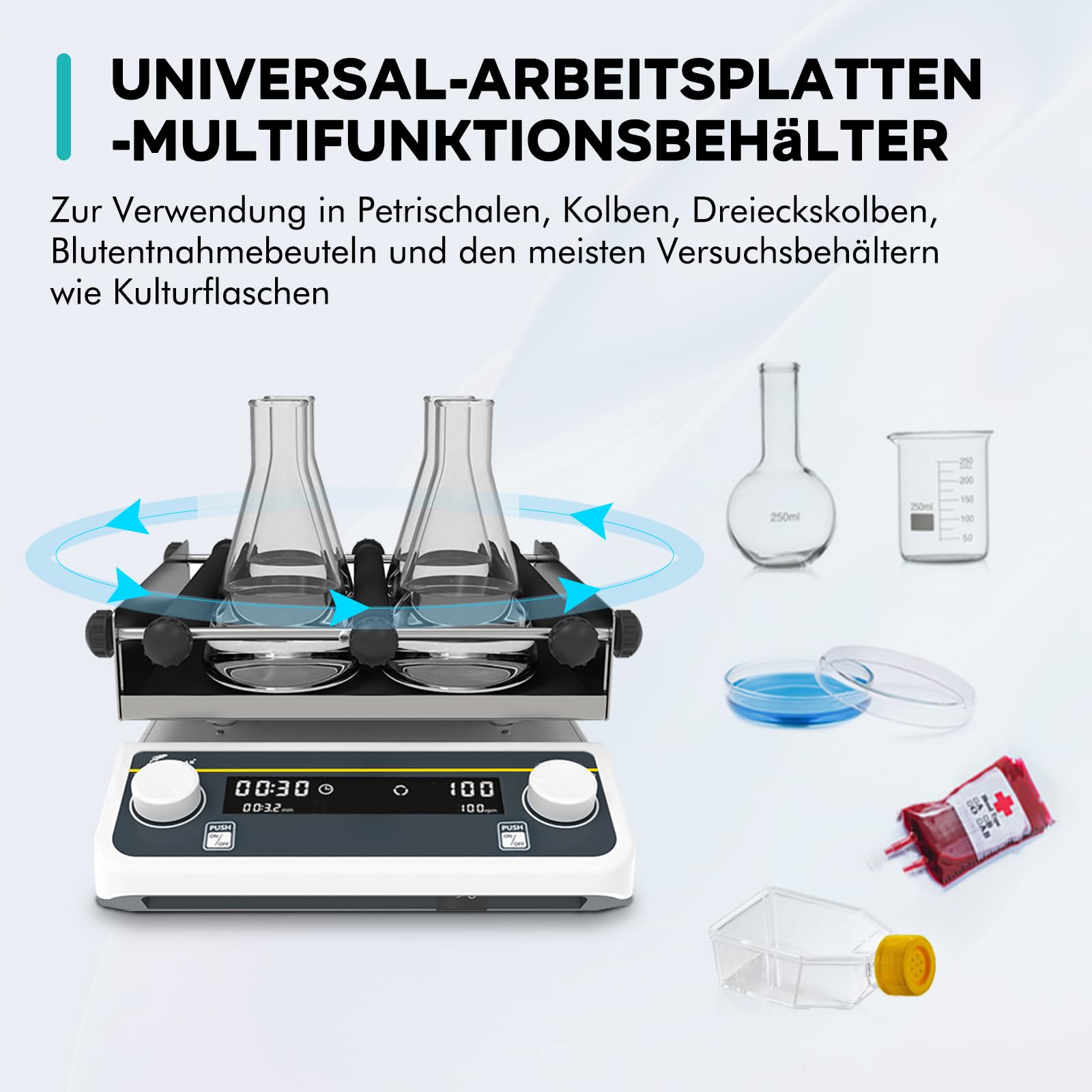 LAB FISH Digitaler Orbital Shaker, 40-200 U/min Labor Schüttler mit Timer, 250x250mm Plattform, 2KG Kapazität, für chemisches & biologisches Mischen, Kultivierung