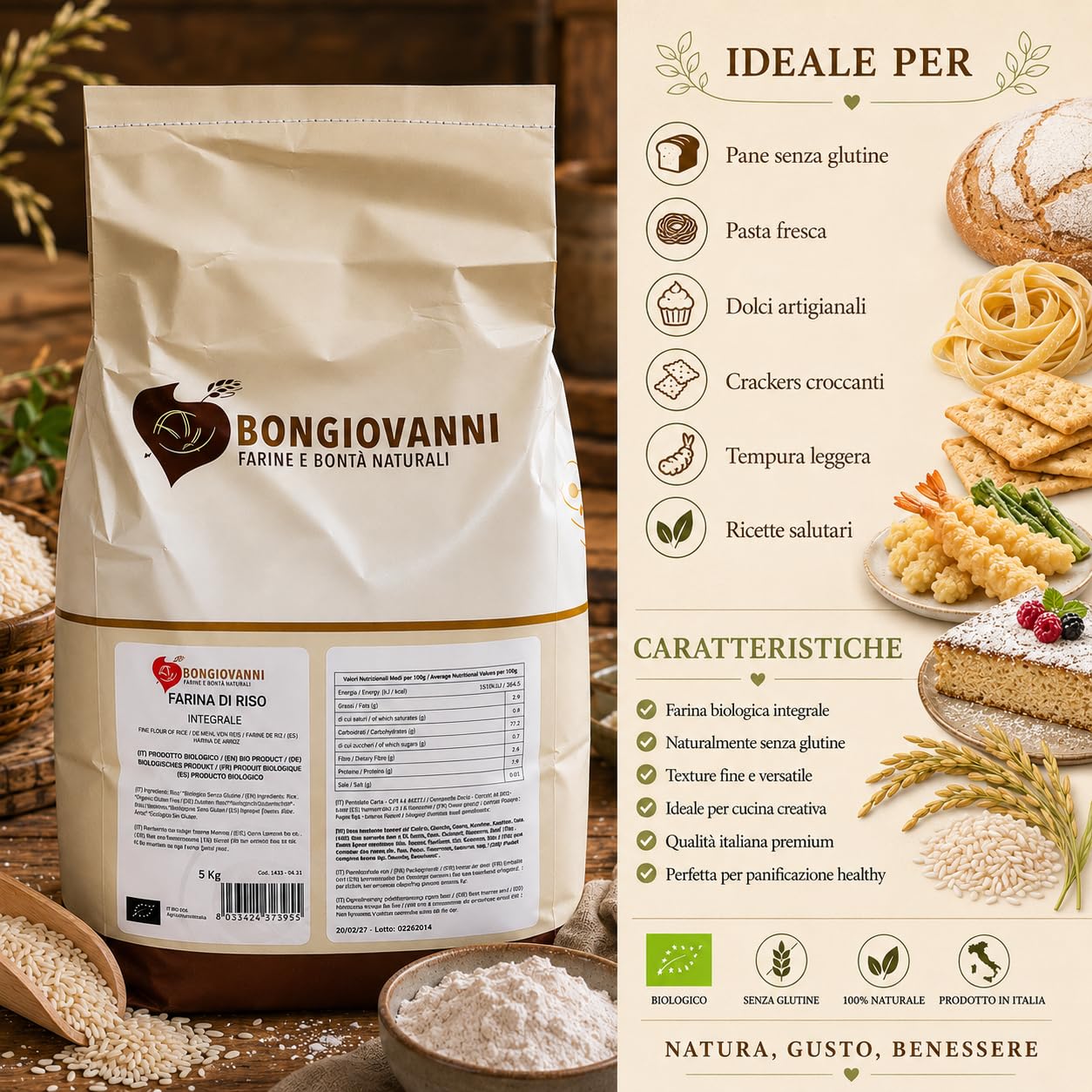 BONGIOVANNI FARINE E BONTA' NATURALI Farina di Riso integrale BIO- 5 Kg