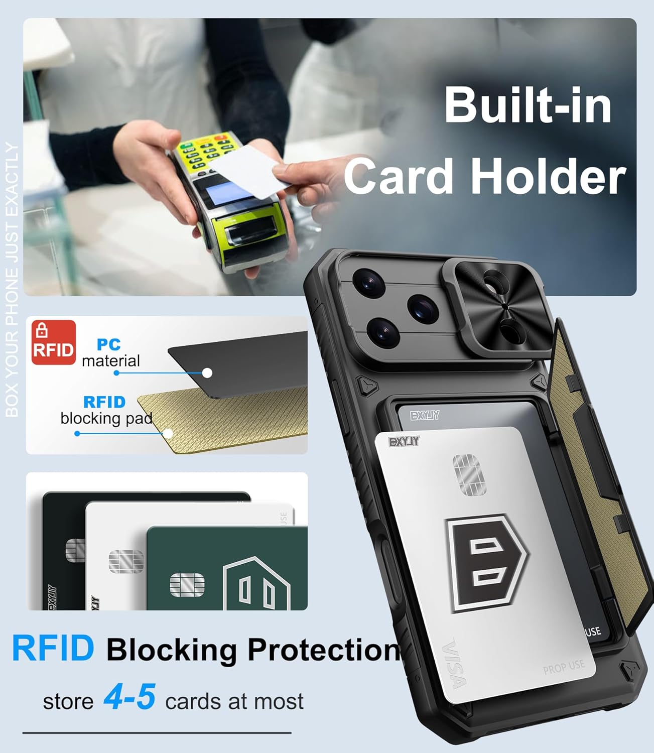 for iPhone 17 Pro Max Case Wallet, Card Holder (4-5 Cards), Slide Camera Cover, Military Drop Protection, Rugged Heavy Duty Men Women Protective Phone Case for iPhone 17 Pro Max 6.9" 2025, Black - Image 3