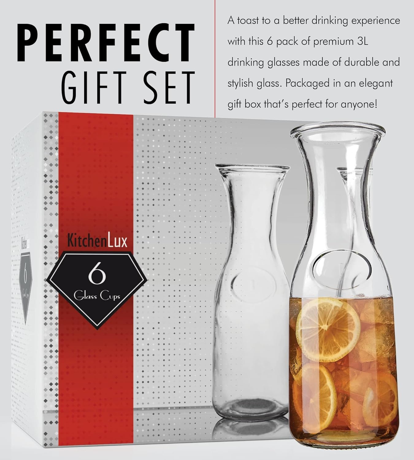 Kitchen Lux Glaskaraffe, 1 Liter Getränkekrug & elegante Weinkaraffe Dekanter, Karaffe Set mit 12 Stück, Mimosen-Bar-Karaffen & Saftgläser, Easy Pour Flaschen, Glas Wasserkaraffe, 963.9 g