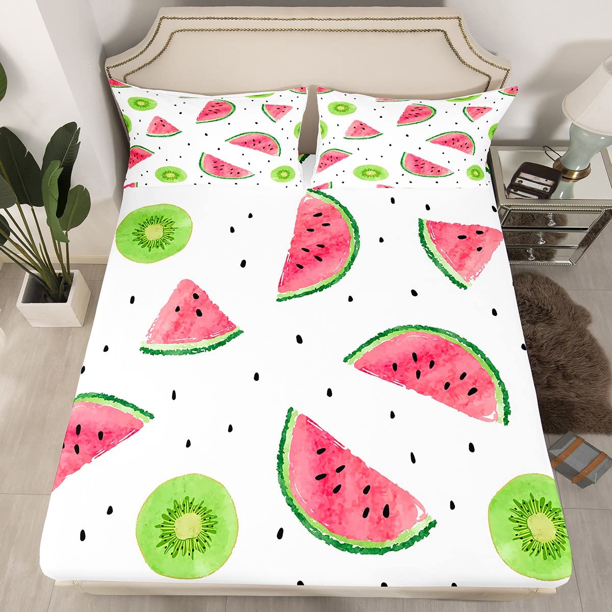 Cute Fruits Fitted Sheet Single Size, Kiwi Watermelon Bed Cover with 1 Pillowcase