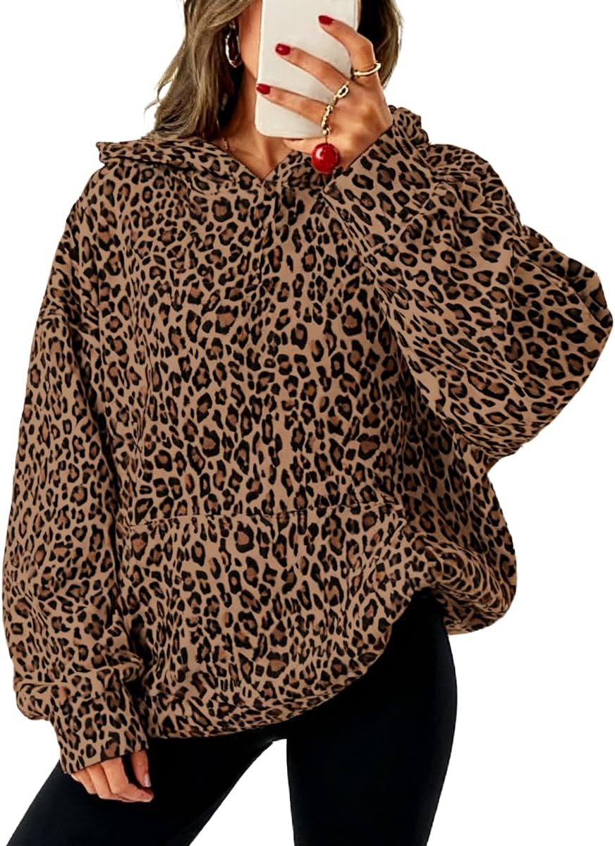 JTANIB Leopard Print Hoodie for Women Oversized Cheetah Print Hoodie 2000s Y2K Fleece Sweatshirt Pullover Long Sleeve Pocket