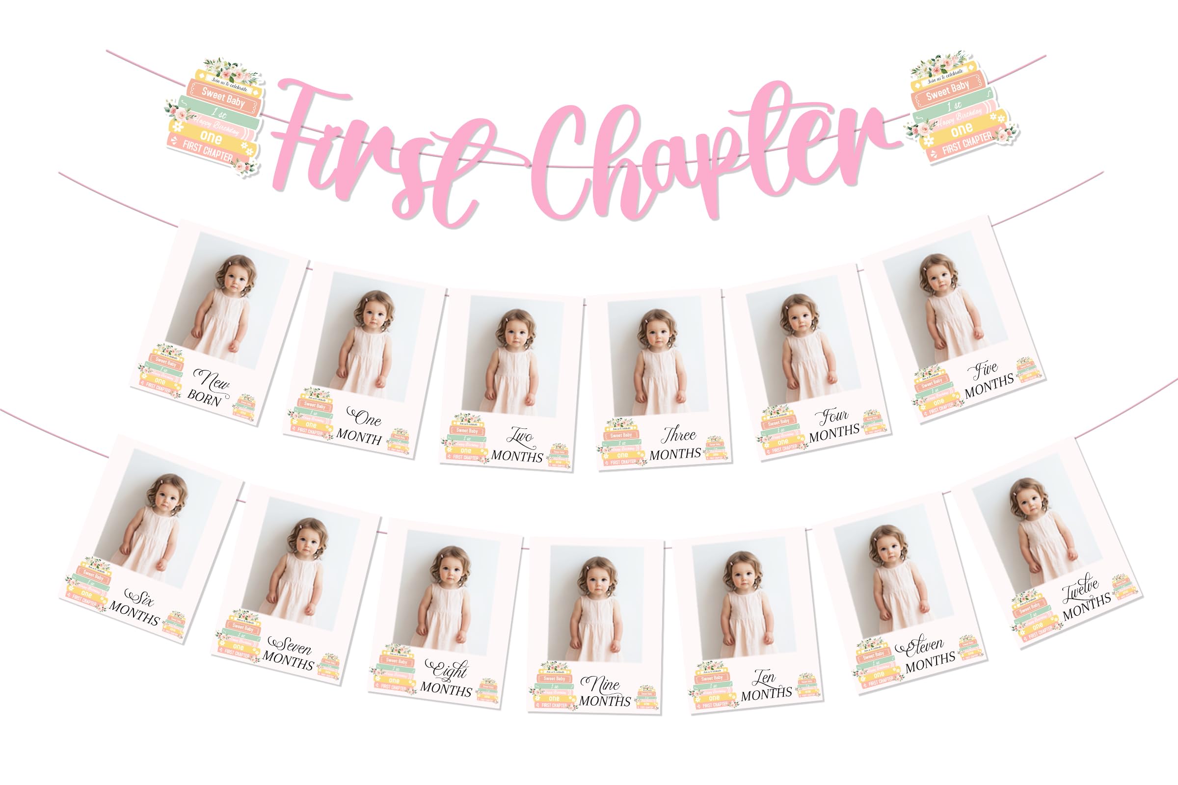 Storybook Photo Banner, Pink Storybook Theme First Chapter Banner and Newborn to 12 Months Photo Display Banners Kit One for The Books Party