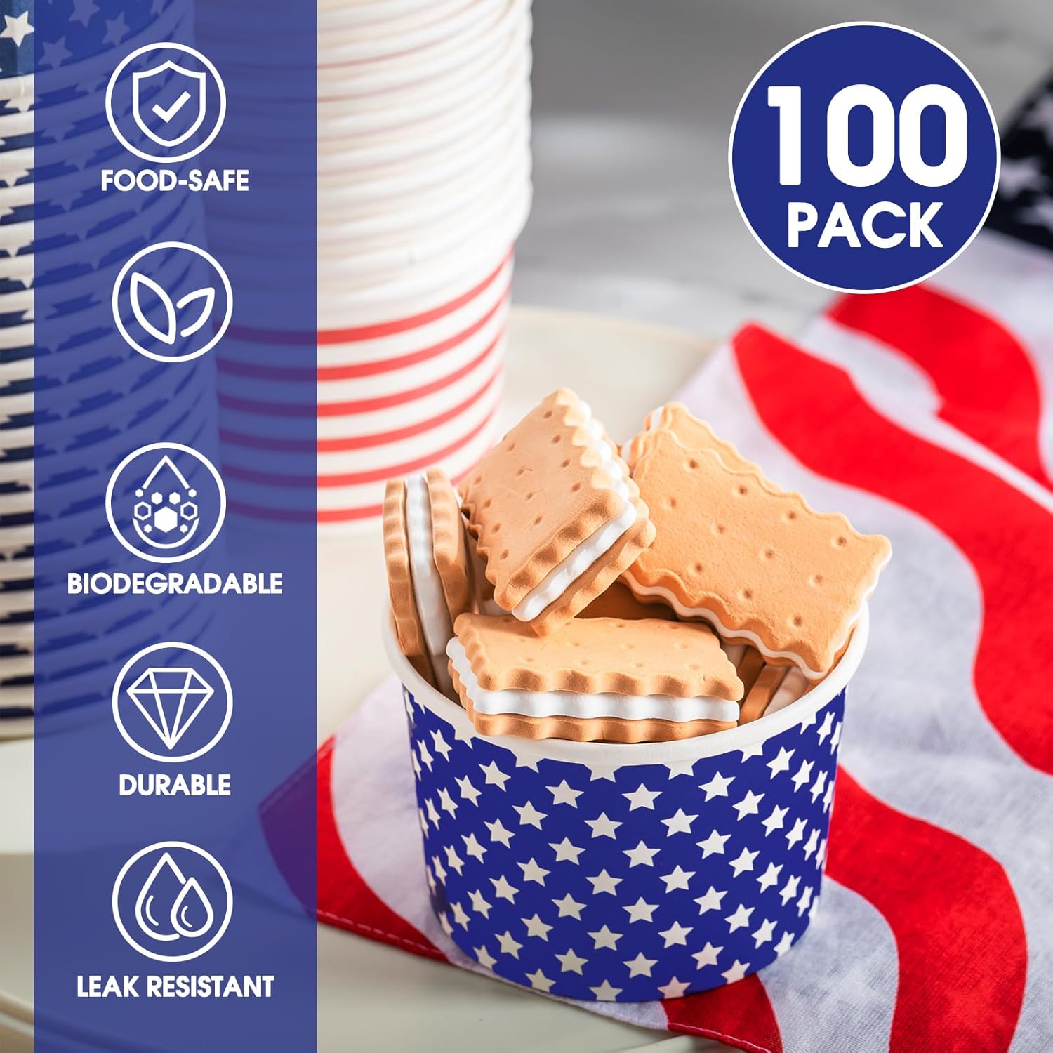 Nuanchu 100 Pack American Flag Ice Cream Cups Patriotic Party Supplies 9 oz Paper Treat Snack Cup 4th of July Disposable Soup Bowls for Holidays Birthday 4th of July Independence Day Decorations