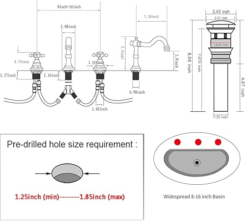Miniatura 2 de GGStudy Grifo de lavabo de baño de 8-16 pulgadas con dos manijas, 3 orificios, instalación extendida, grifo mezclador de lavabo de cobre con desagüe
