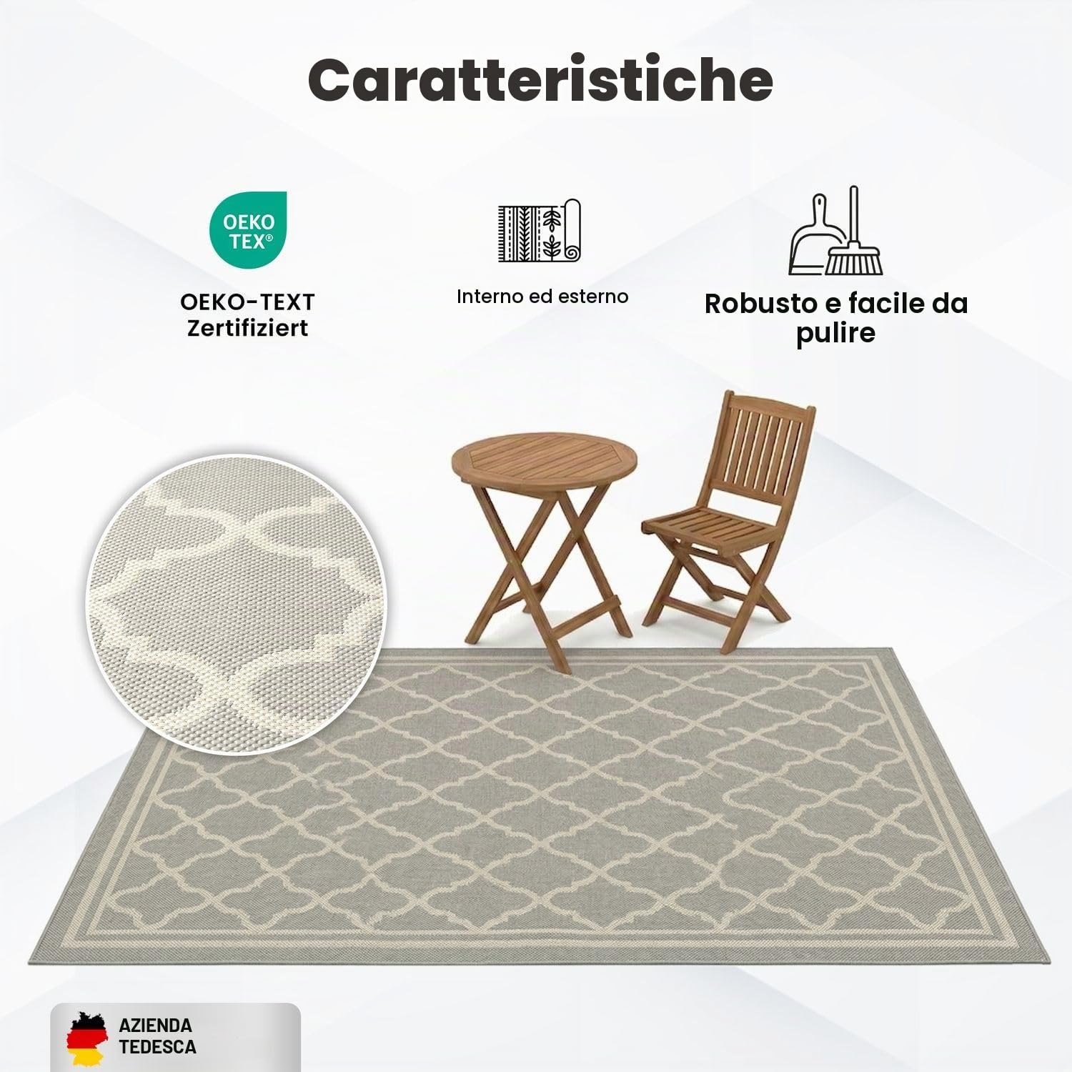 VIMODA Tappeto per interni ed esterni, tessuto piatto, per terrazzo, balcone, giardino d'inverno, robusto, design marocchino, colore beige, misure: 140 x 200 cm