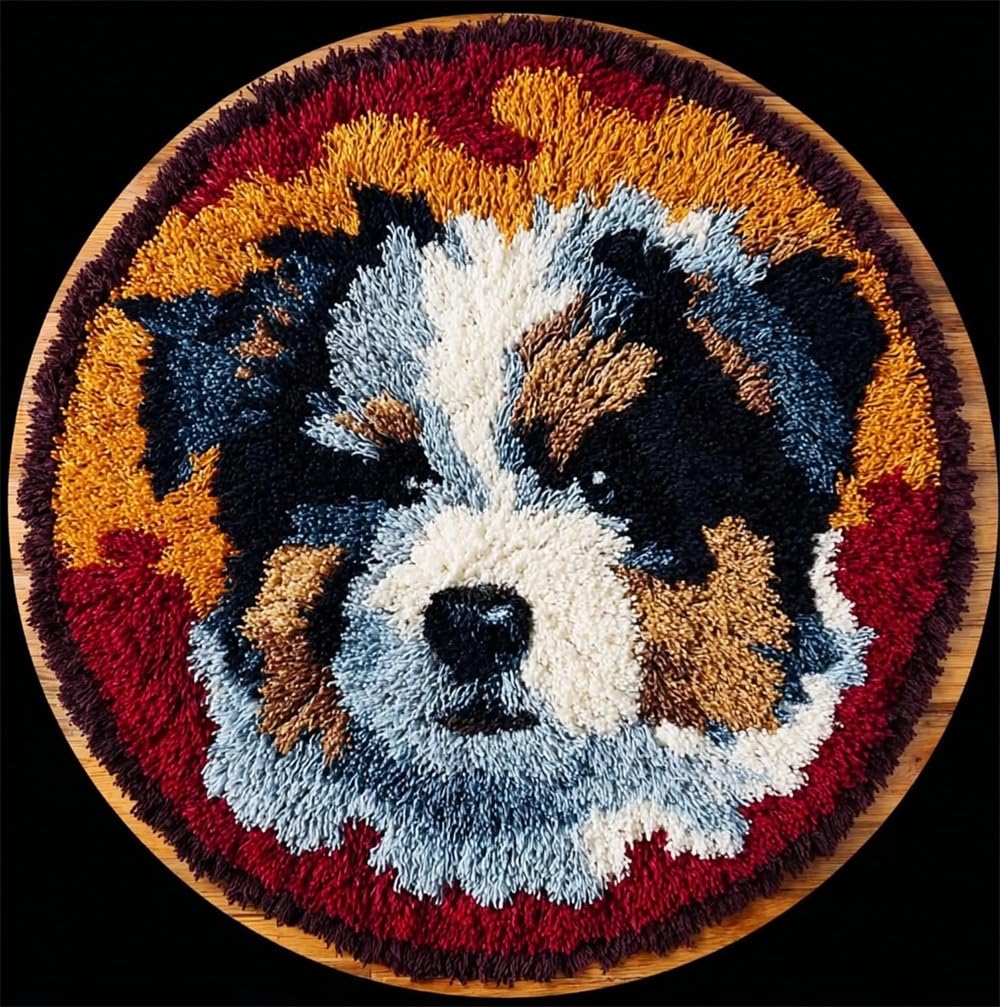 kitphoenix Round Latch Hook Kits Rug Making Crafts with Colorful Pattern Printed, Dog Unfinished Handmade Crochet Yarn for Adults Beginner, 50X50Cm