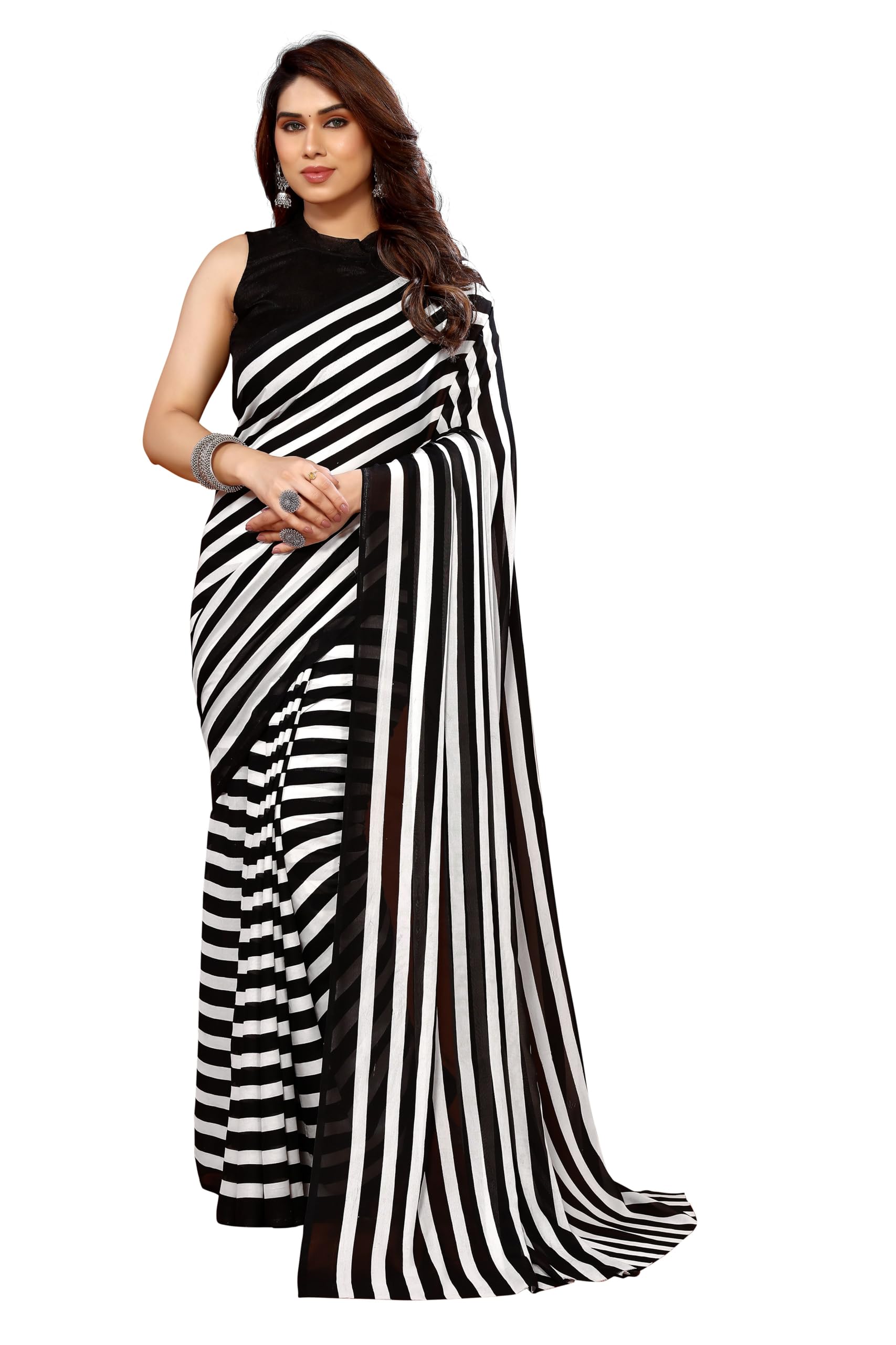 anand sarees Women's Striped, Printed Georgette Saree with Matching Blouse Piece | Stylish & Beautiful Fancy Saree for Festivals, Wedding, Parties, Casual Outings (Black, White)-picture-56