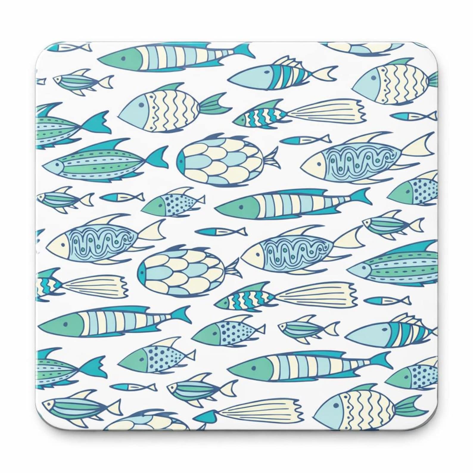 Half A Donkey Multicolor Blue Fish Pattern Coaster – Glossy Square Ocean Design