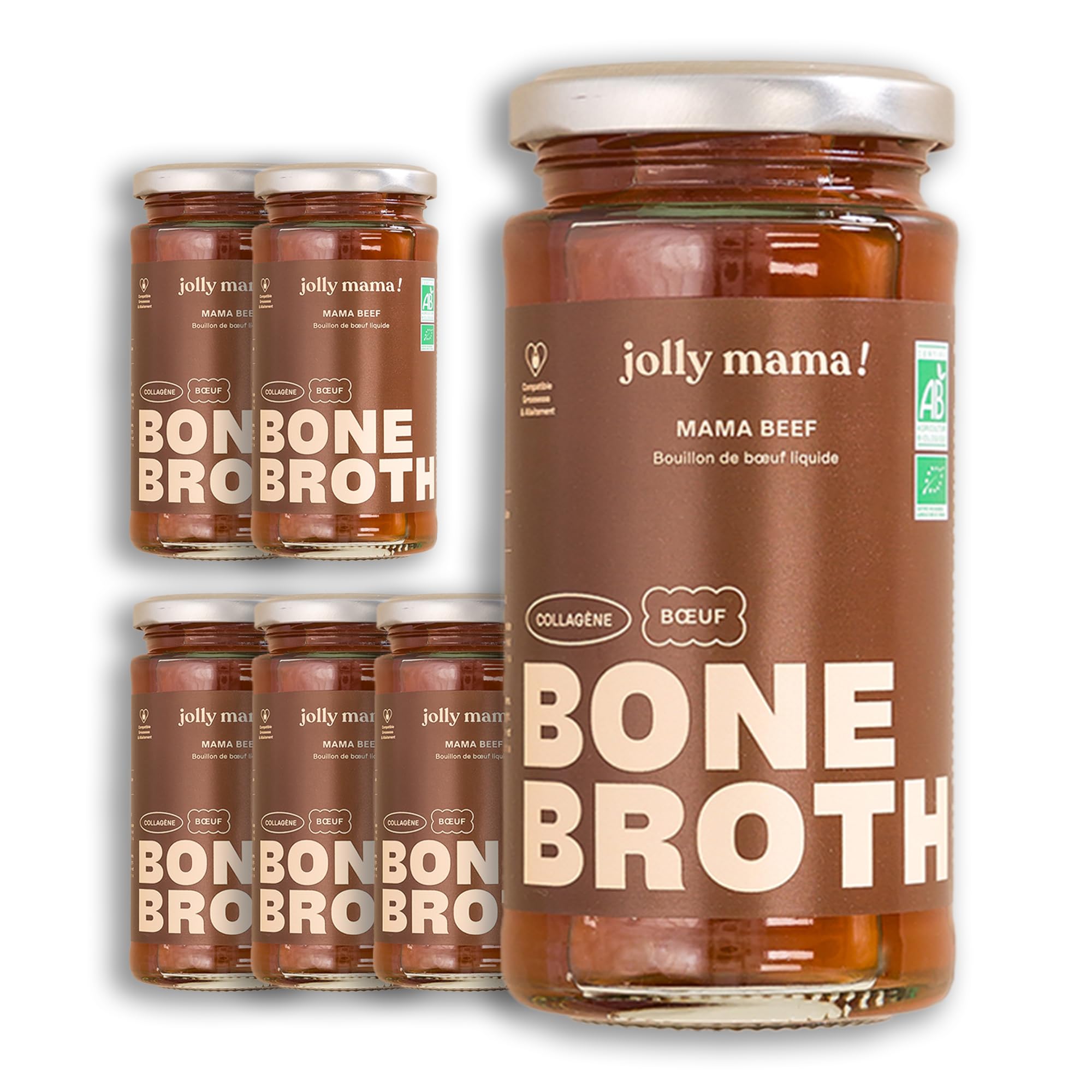 Jolly mama! Mama Beef | Bouillon de Boeuf Bio | Riche en Collagène | Idéal en Postpartum | Cuisson Douce Pendant 24 heures | Alternative Liquide à Collagène Poudre | Fabriqué en France | 6 X 240 ml
