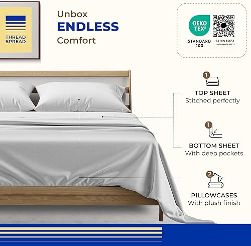 Vista 59 de THREAD SPREAD Juego de sábanas 100% algodón egipcio, tamaño King, 1000 hilos, tamaño King, algodón egipcio, 6 piezas (plateado), bolsillo profundo