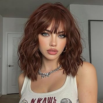باروكة بني محمر مع الانفجارات باروكات متموجة قصيرة للنساء طول الكتف باروكات بوب باروكات مقاومة للحرارة الباروكات الاصطناعية لعيد الهالوين تأثيري اليومي استخدام 14 بوصة