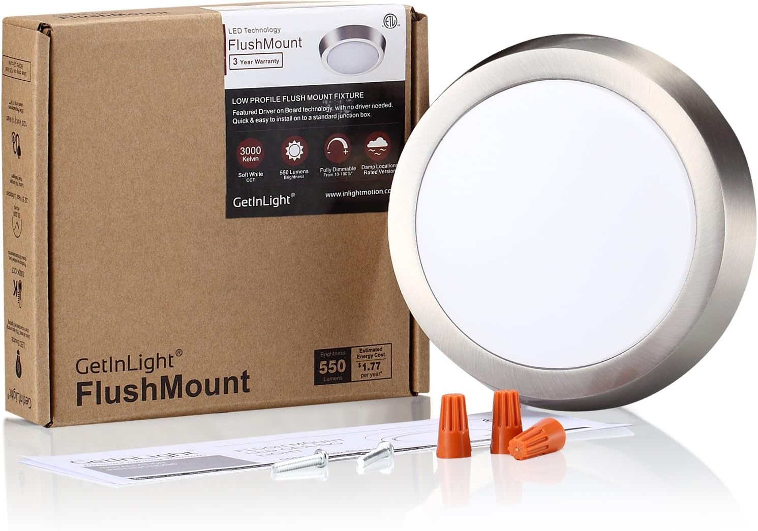 GetInLight 5 Inch Flush Mount LED Ceiling Light with ETL Listed, Soft White 3000K, Brushed Nickel Finish, IN-0302-1-SN