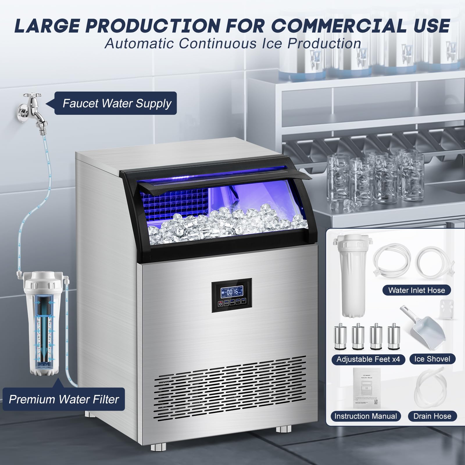 Commercial Ice Maker Machine 360lbs/24h With 80lbs Storage Bin, 126pcs Ice Cubes Ice Machine Stainless Steel Undercounter/Freestanding Ice Maker For Home Bar Outdoor, Self Cleaning on Fridge.com - View 5
