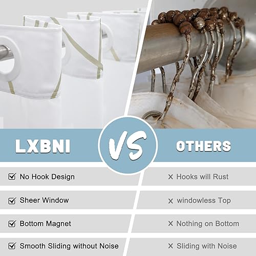 Miniatura 2 de Juego de cortina de ducha a rayas beige caqui sin gancho con forro de tela a presión, juego de cortina de ducha de hotel y forro con ventana