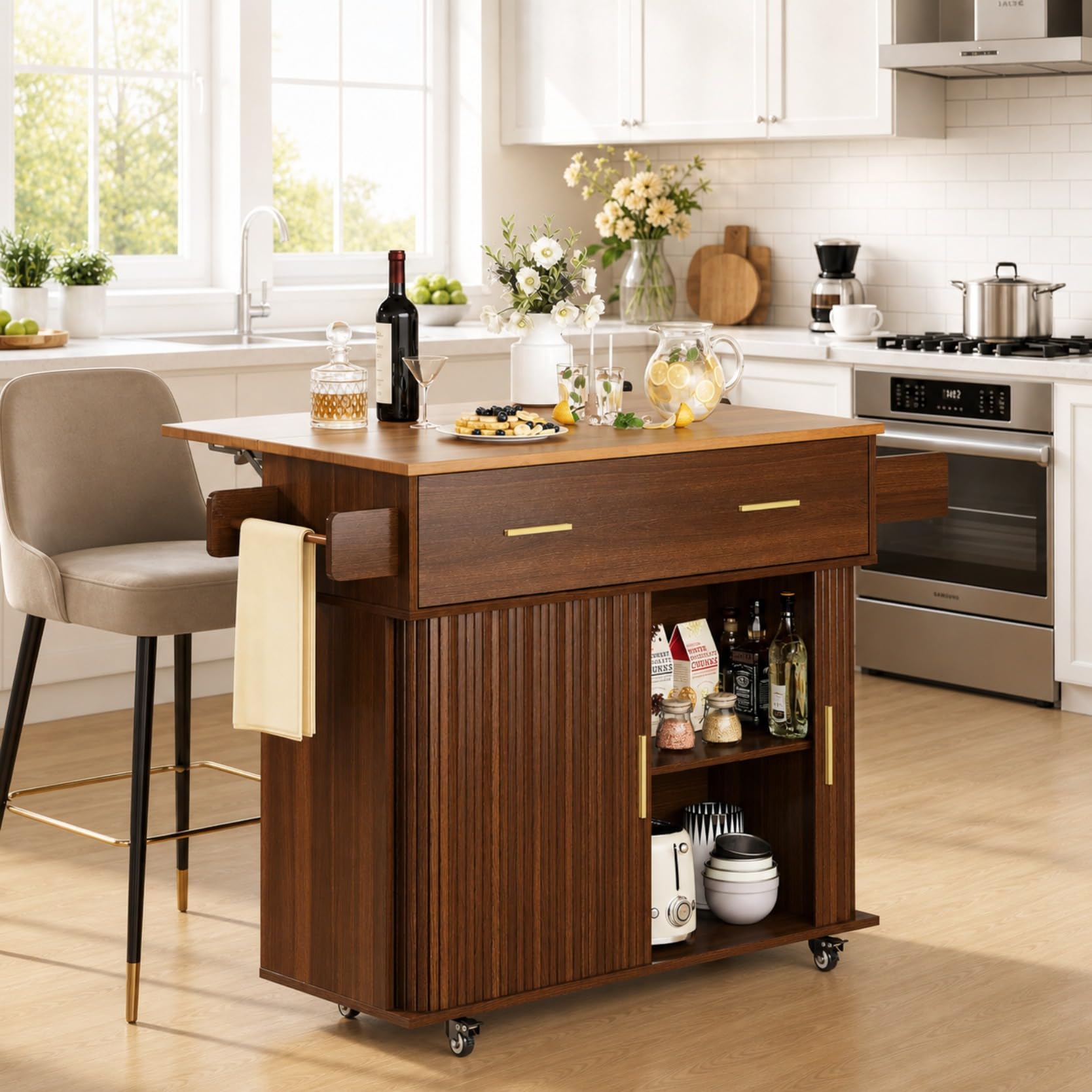 DHH Rolling Kitchen Island with Drop Leaf Countertop&amp;Ample Storage - 39.4" Small Mobile Kitchen Cart On Wheels with Sliding Door,Drawers,Spice Rack &amp; 2-Tier Storage (Walnut)