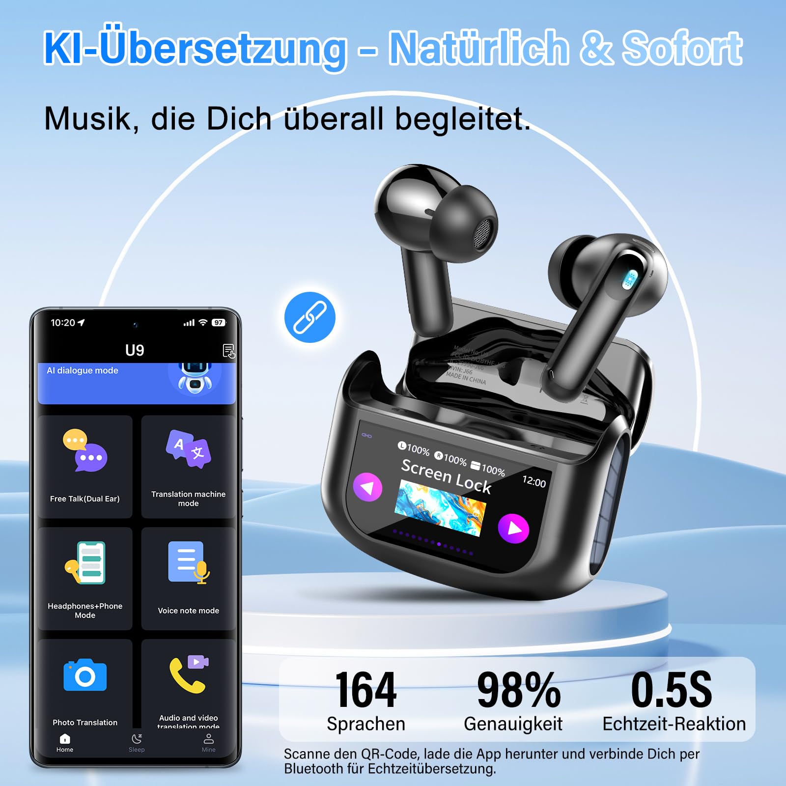KI Übersetzer Kopfhörer, 3-in-1 Echtzeit Sprachübersetzer Kopfhörer 164 Sprachen mit ANC Mic & App, Bluetooth 5.4 Kopfhörer Übersetzer mit 7 Modi, 48H Übersetzer Ohrhörer für Lernen/Reisen/Business