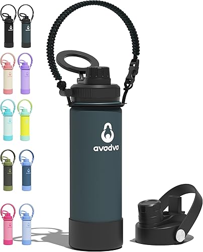 Miniatura 37 de Botella de agua aislada avodvo de 12 onzas con 2 tapas (tapa con popote y boquilla de 2 en 1, tapa magnética), botella de agua para niños con Azul